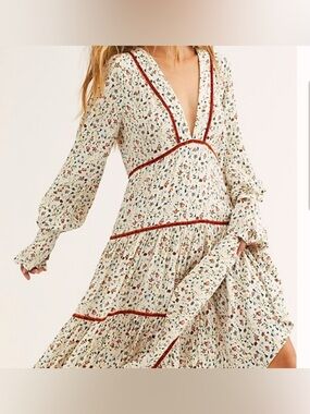Free People Cream Take A Little Time Floral Midi Dress Boho Long Sleeve Size 4